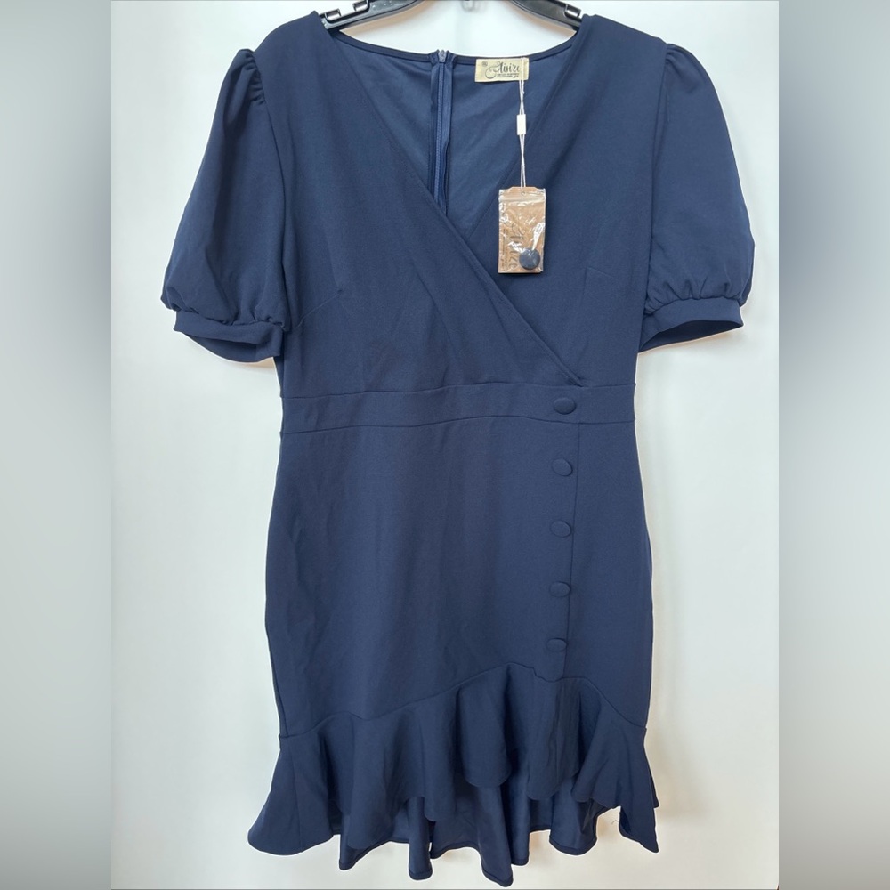 Aisize Navy Blue Pencil Dress With Tuffle Hem And Button Detail, 2XL